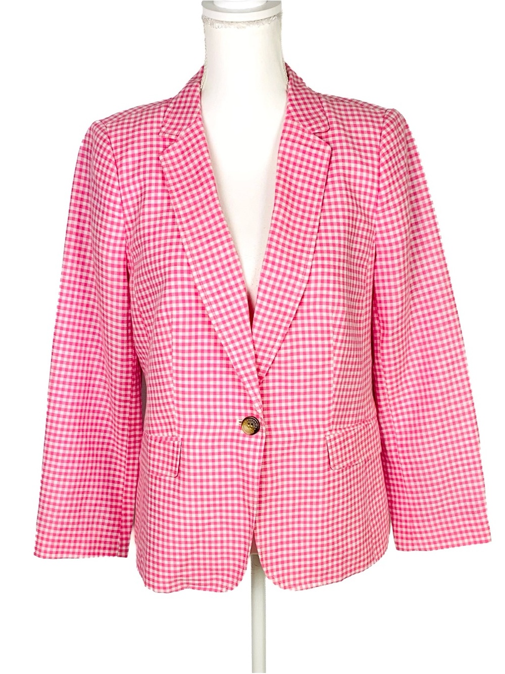 Talbots Petite Women 12P Blazer Linen Cotton Gingham Check Pink Preppy Lined